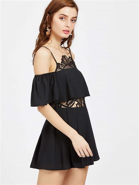 Cold Shoulder Lace Insert Frill Playsuit Shein Sheinside