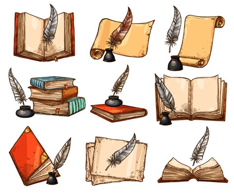 Old Book Paper Scroll And Feather Pen Sketch Set Vector Art