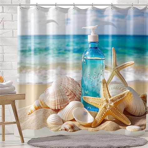 Seashell And Starfish Beach Scene Shower Curtain Summer Bathroom Decor