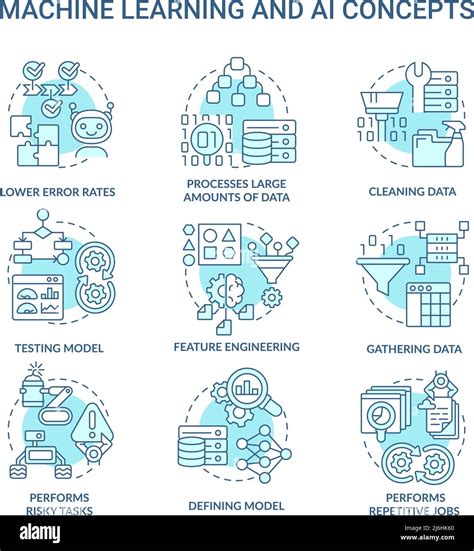 Machine Learning And AI Turquoise Concept Icons Set Stock Vector Image