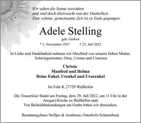 Traueranzeigen Von Adele Stelling Trauer Gedenken