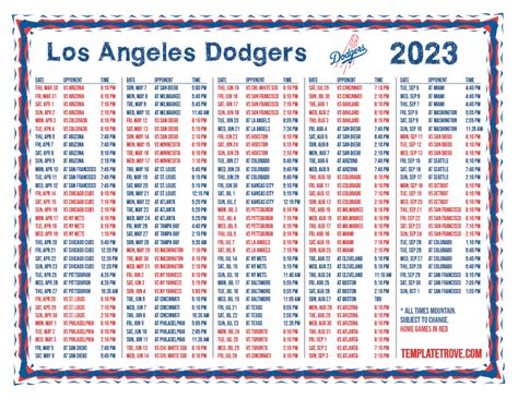 Dodgers 2023 Printable Schedule