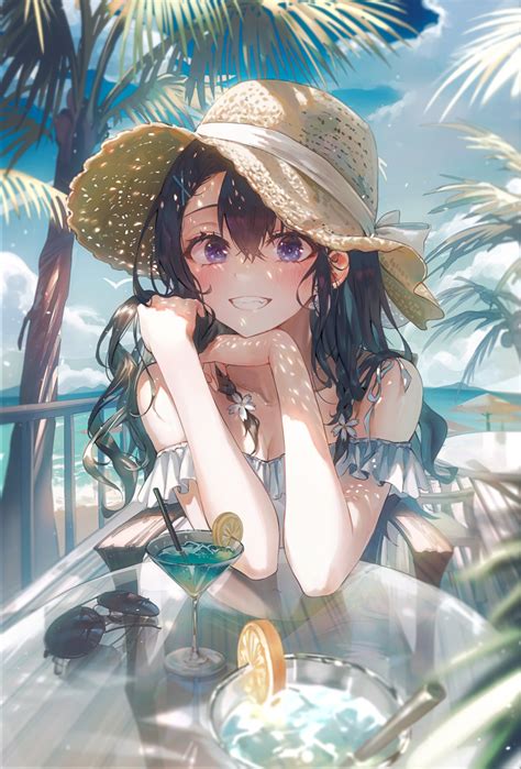 Anime Anime Girls Straw Hat Hat Drink Beach Sun Dress Grin Artwork ...