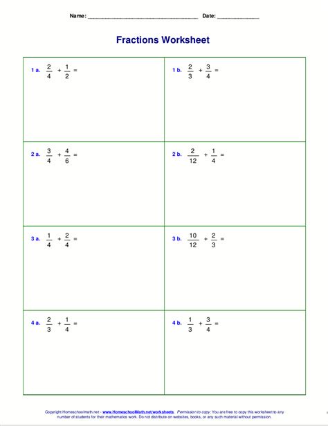 Adding And Subtracting Unlike Fractions Worksheets