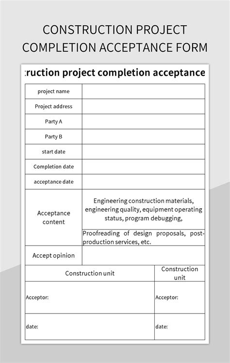 Construction Project Completion Acceptance Form Excel Template And