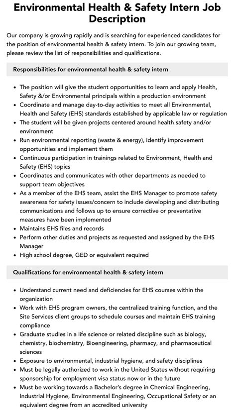 Environmental Health And Safety Intern Job Description Velvet Jobs