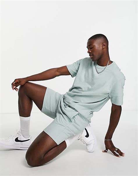 Topman Panelled Sleeve T Shirt And Short Co Ord Set In Sage Asos