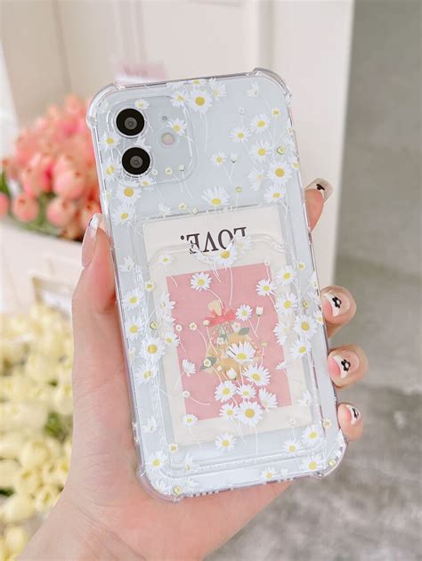 Flower Print Clear Phone Case With Card Slot Shein Usa