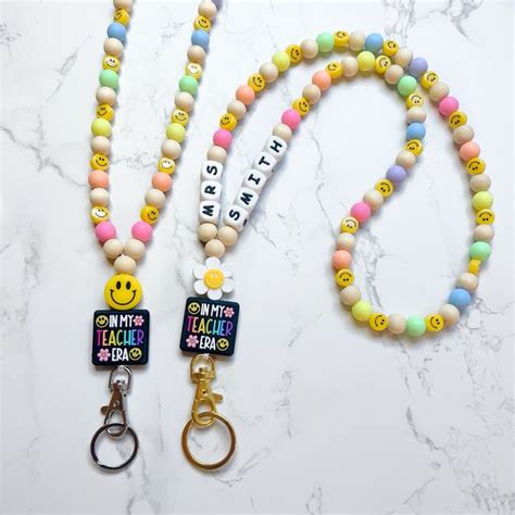 Teacher Era Rainbow Smiley Teacher Lanyard Daisy Smile Face Lanyard