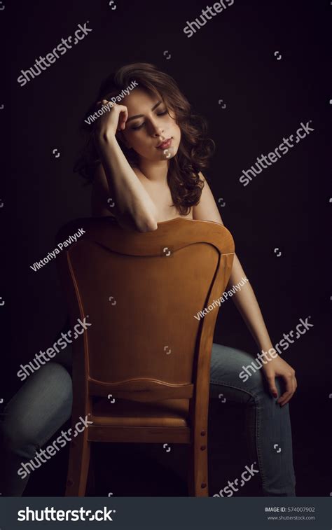 Brunette Topless Model Blue Jeans Sitting Stock Photo Shutterstock