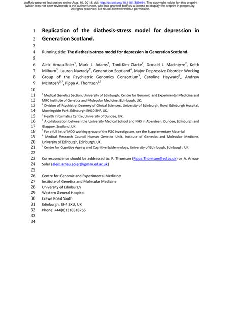 (PDF) Replication of the diathesis-stress model for depression in Generation Scotland.
