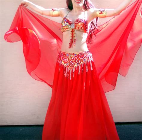 Professional Ameynra Belly Dance Costume Red Gold With Veil