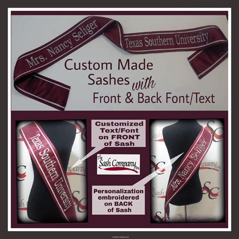 Texas Southern University Custom Made Sash With Front And Back Text