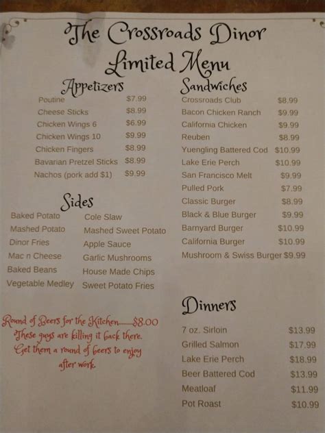 Menu At The Crossroads Dinor Restaurant Edinboro