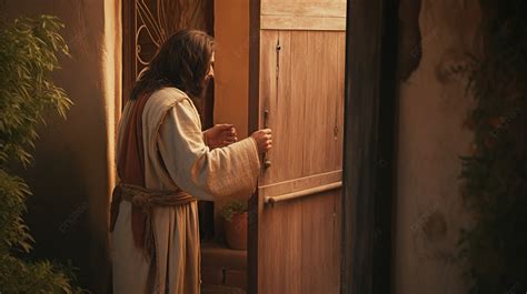 Jesus Opening A Door While Standing Near A Wooden Fence Background