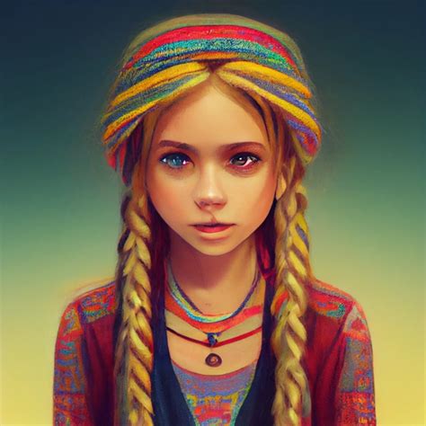 Big Eyed Girl Long Blond Braids Hippy Clothes Midjourney