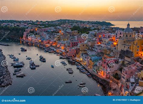 Sunset View Of Marina Di Corricella At Italian Island Procida Editorial