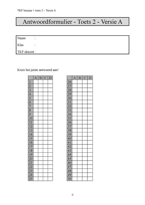 Leerjaar 1 Theorietoets 2 Versie A TKF Leerjaar 1 Toets 2 Versie A