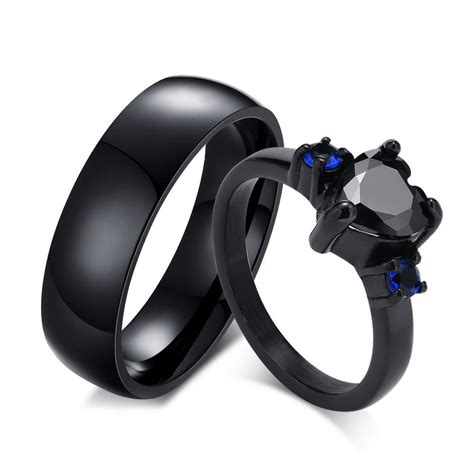 Engravable Black Matching Promise Rings For Couples In Titanium