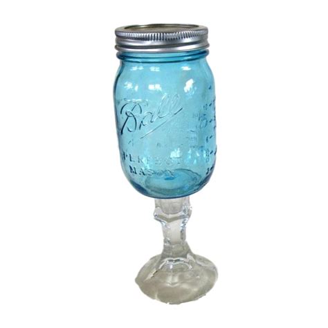 Mason Jar Drinking Glass On Stem Blue Leo And Bella