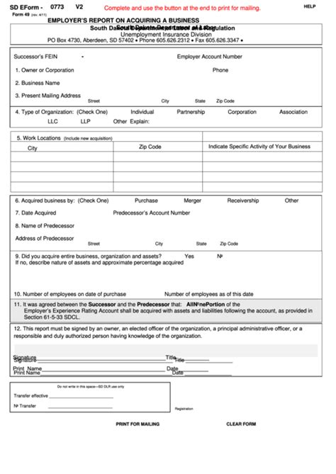 Fillable Sd Eform 0773 V2 Employer S Report On Acquiring A Business