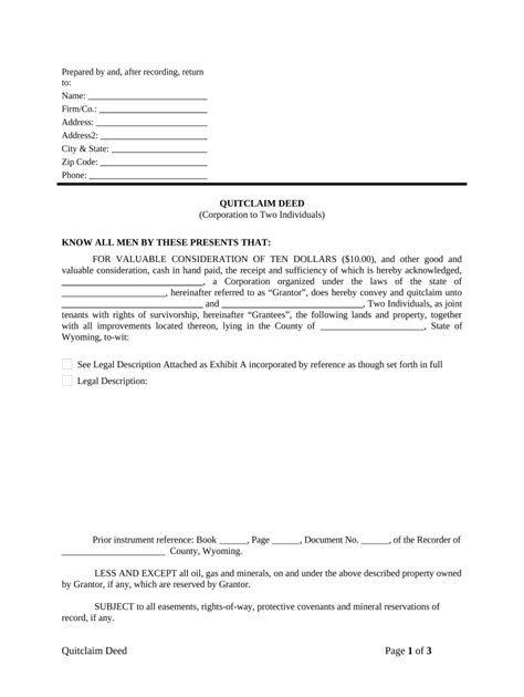 Quitclaim Deed From Corporation To Two Individuals Wyoming Form Fill