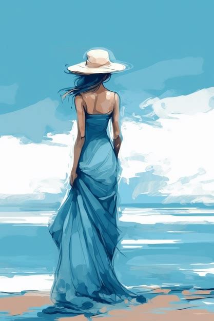 Pintura De Una Mujer Con Un Vestido Azul Y Sombrero Caminando Por La