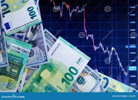 Dollar And Euro Banknotes Over Digital Screen With Exchange Chart USD