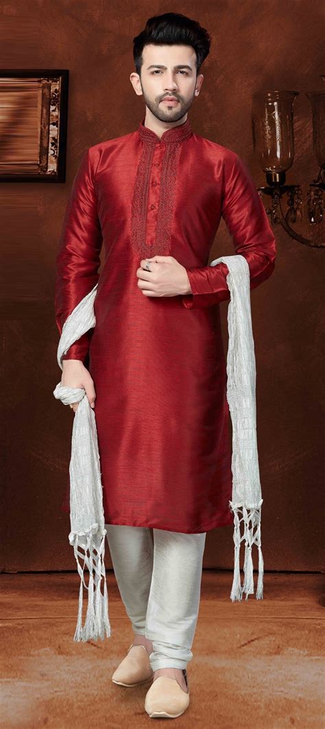 Red And Maroon Color Art Dupion Silk Fabric Kurta Pyjamas