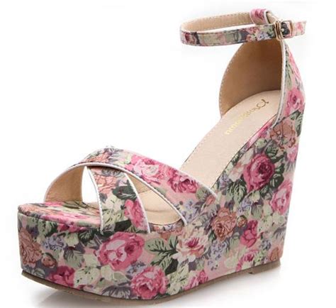 Floral Cloth Bag With Simple Cross Heel Wedge Sandals With High Heels