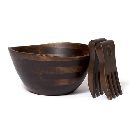 Lipper International Large Walnut Finish Wavy Rim Bowl With Salad Hands