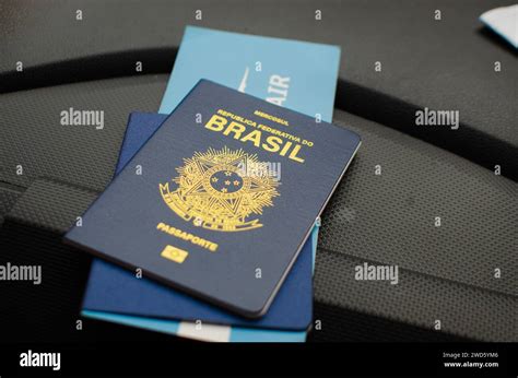 With Its Blue Cover And Golden Letters This Close Up Of The Brazilian