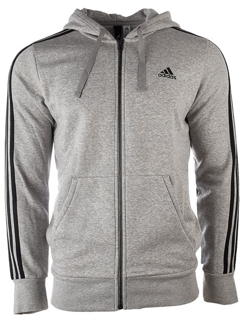 Adidas Essentials 3 Stripe Full Zip Fleece Hoodie Medium Grey Heatherblack Mens Xxl