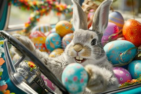 Premium Photo Cute Bunny Driving Blue Car Full Of Easter Eggs Funny