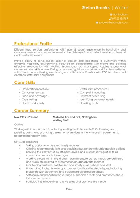 Waitress Or Waiter Cv Example 2024 Guide And Cv Template