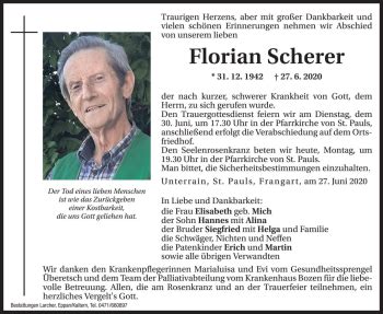 Traueranzeigen Von Florian Scherer Trauer Bz