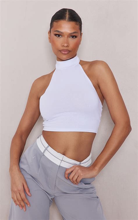 White Cotton High Neck Halter Crop Top Tops Prettylittlething