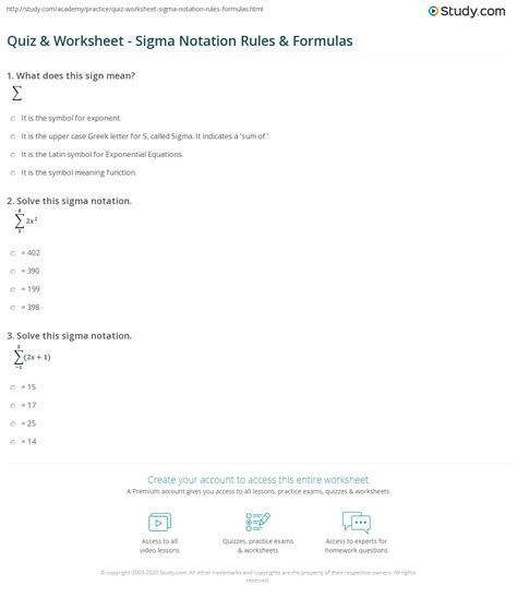 Quiz & Worksheet - Sigma Notation Rules & Formulas | Study.com