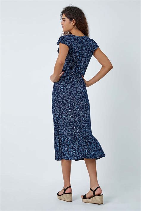 Blue Floral Print Frill Midi Stretch Dress Roman Uk