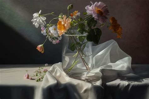 Premium Photo | A painting of flowers on a table with a white cloth.