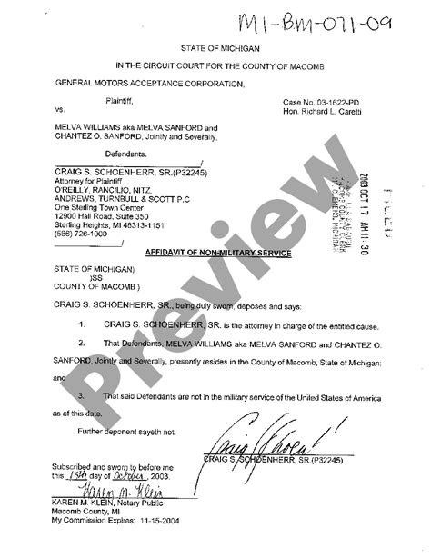 Michigan Affidavit Of Non Military Service Us Legal Forms