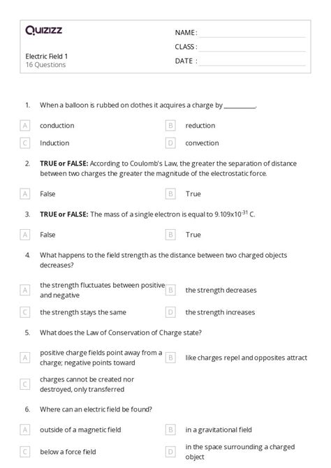 Coulombs Law And Electric Force Worksheets For Th Class On