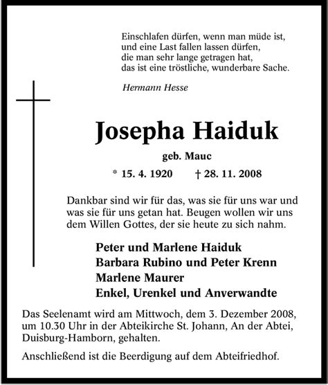 Traueranzeigen Von Josepha Haiduk Trauer In Nrw De