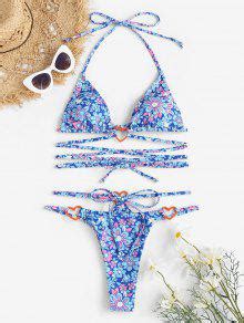 Zaful Floral Heart Shaped Ring Floss Bikini Swimwear In Blue Zaful