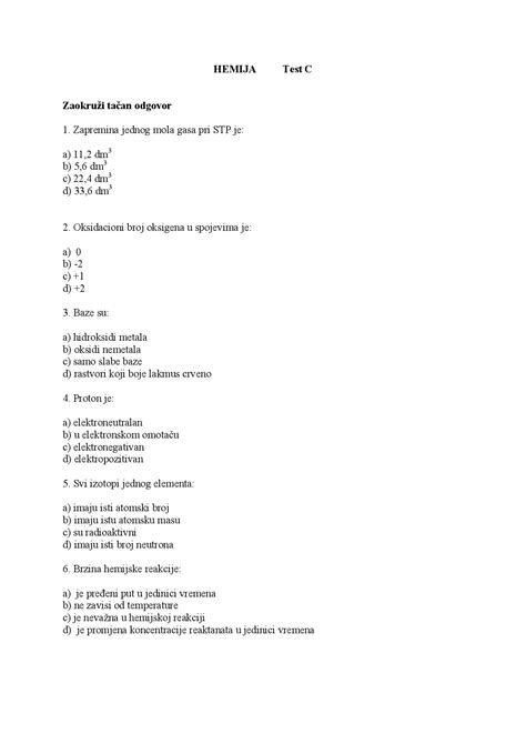 Hemija Test 20 Pitanja Sa Tačnim Odgovorima Prirodno Matematički