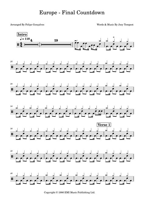 Final Countdown Arr Felipe Gonçalves By Europe Sheet Music For Drums