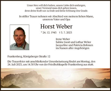 Traueranzeigen Von Horst Weber Trauer HNA De