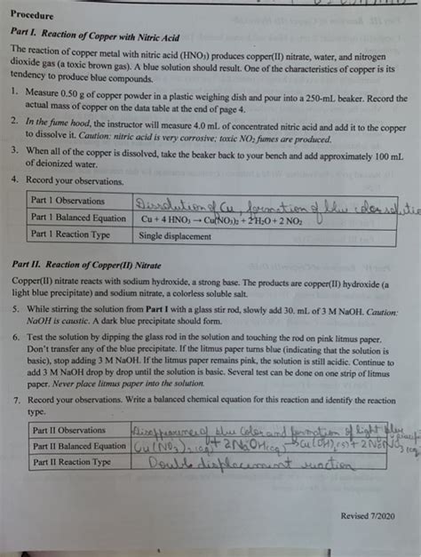 Procedure Part I. Reaction of Copper with Nitric Acid | Chegg.com