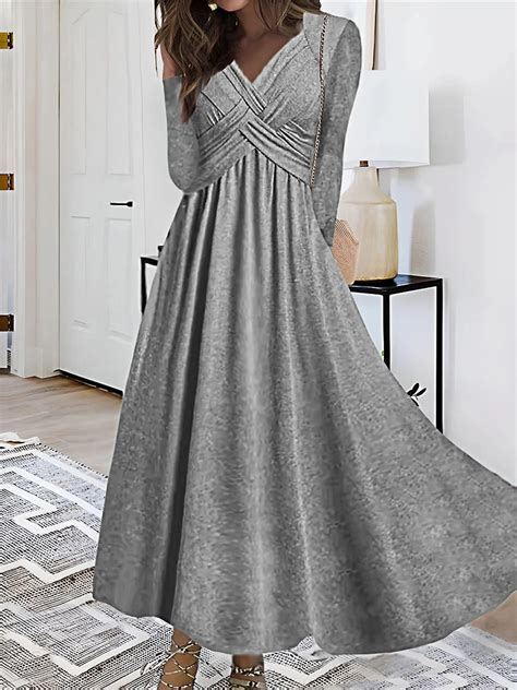 Women Plain V Neck Long Sleeve Comfy Casual Maxi Dress Noracora