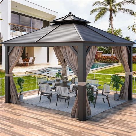 MELLCOM 10' x 12' Hardtop Gazebo, Brown Permanent Pavilion Gazebo with ...